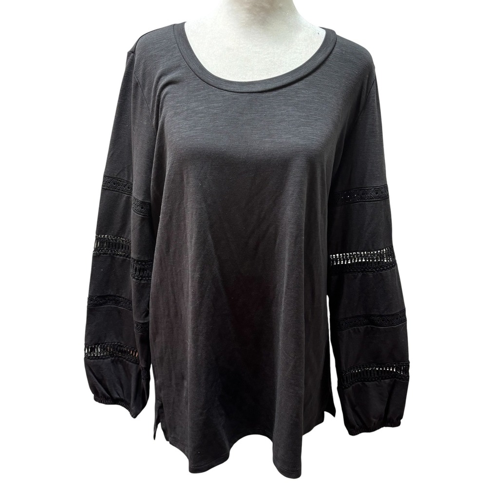 Belle Boho Kim Gravel Black Slub Knit Crochet Sleeve Scoop Neck Top Large #737